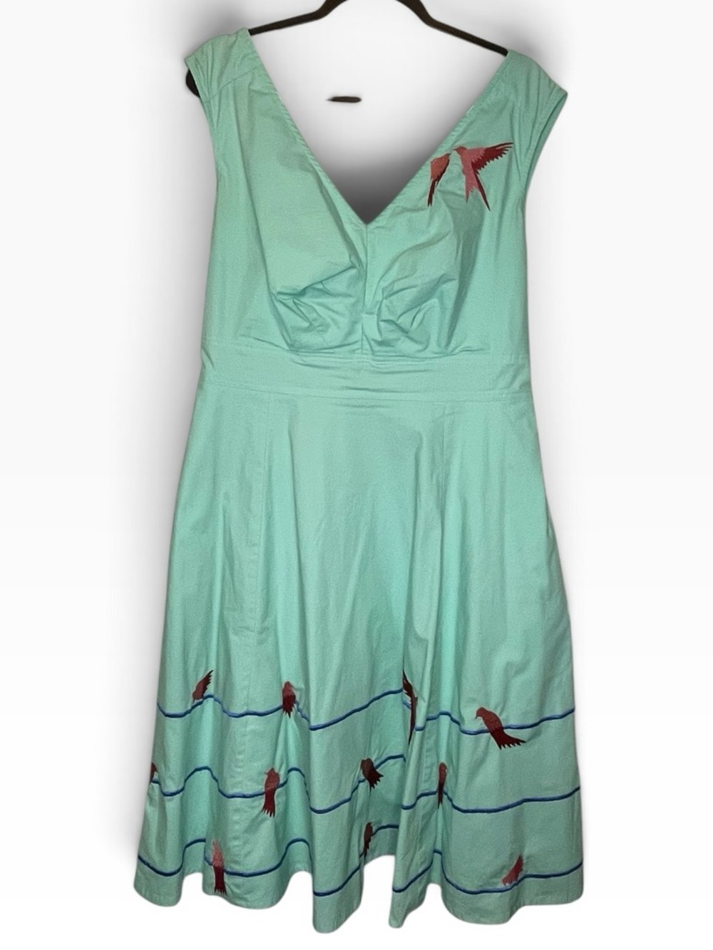 eShakti Mint Green Bird Embroidered V-Neck Flare Midi Dress Size 1X / 16W